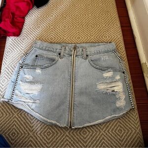 CARMAR Distressed Denim Skirt with Studded Pearl Details